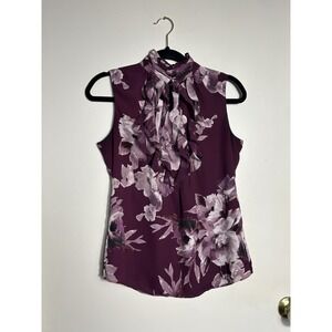 White House Black Market Size 0 Sleeveless Mock Neck Ruffle Blouse Plum Floral